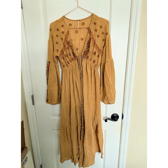 Free People Good Vibes Embroidered Kimono Duster Mustard Gold Size XS/S - Picture 7 of 14